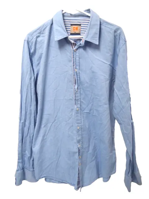 Hugo Boss Mens Shirt XL Solid Blue Long Sleeve Button Cotton Flip Cuff