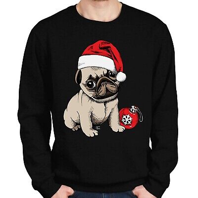 1Tee Mens Puppy Pug Wearing Santa's Hat, Cute Christmas Sweatshirt Jumper
