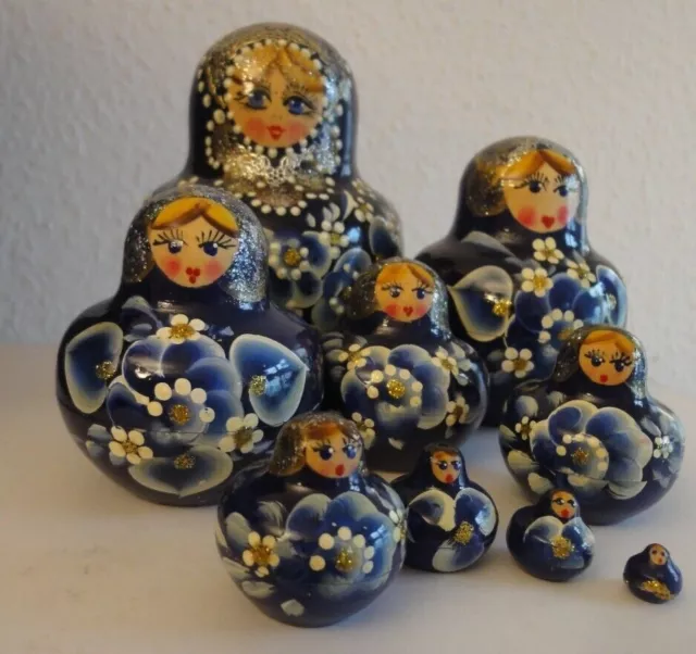 Russische Holz Puppen 9-teilig Matroschka Babuschka Matrjoschka blau Volkskunst