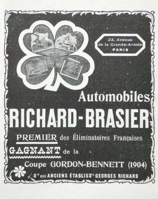 Publicité De Presse 1905 Automobiles Brasier Gagnant Coupe Gordon-Bennett