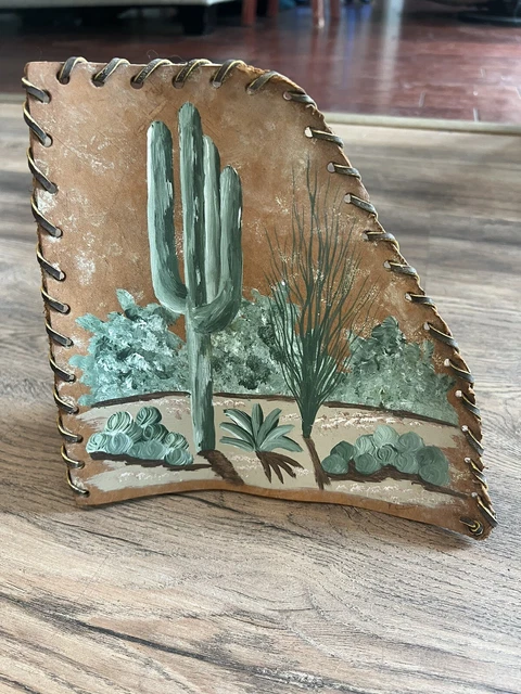 Handpainted leather cactus scene desert art southwestern signed standing display