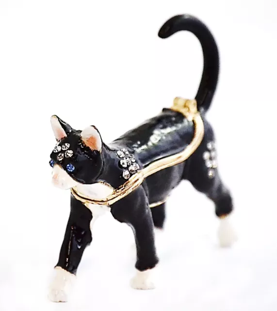 Black Cat Trinket Box, Hand Set with Swarovski Crystals & Black, White Enamel