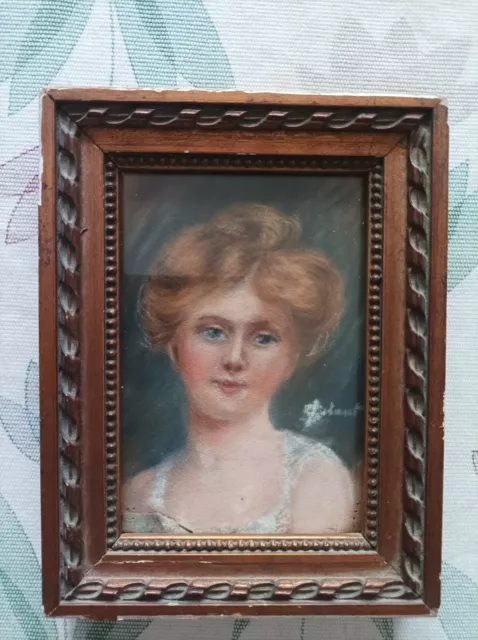 PASTEL - Portrait Jeune Enfant aux Rubans Bleus Epoque ca 1900