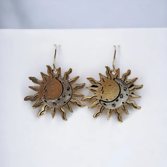 Pair of Sun Moon Celestial Dangle Earrings Gold silver dimensional boho bohemian