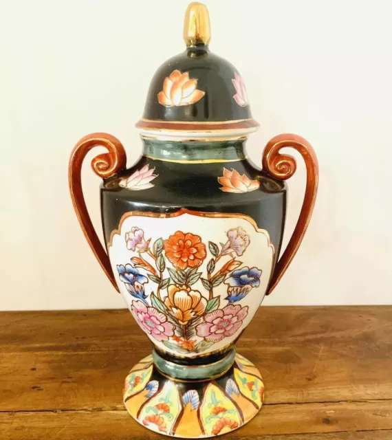 Vintage Hand Painted Floral Glazed Pottery Urn w/ Lid Pedestal Two Handled 13”H