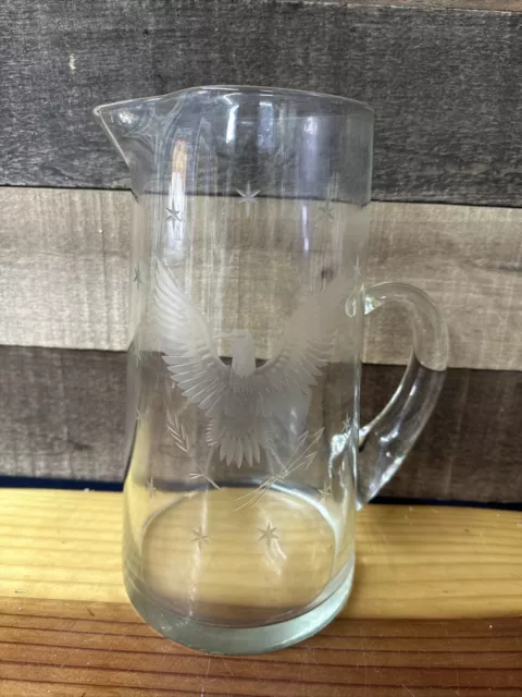 VTG Etched Eagle  With Stars Clear Glass Pitcher 10” Tall