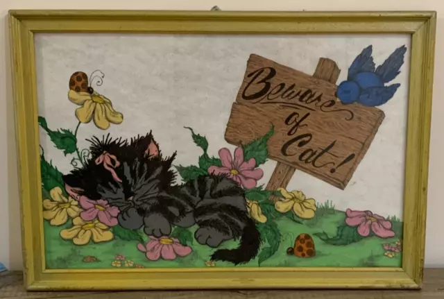 Precious Vintage Kitty Cat Kitten Beware of Cat Felt Painting Framed