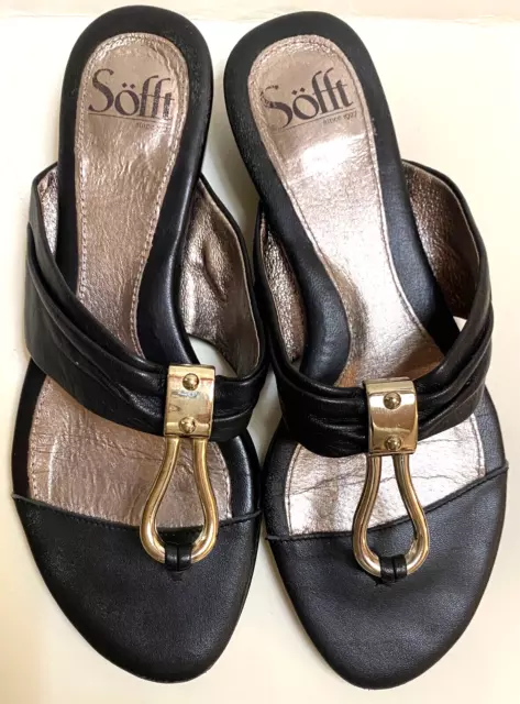 SOFFT Black Leather with Gold Loop Thong Sandals Women's size 6