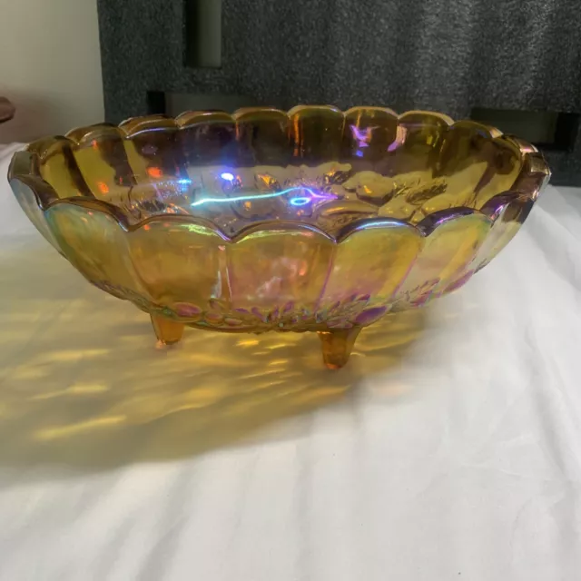 Indiana Glass Iridescent Carnival Vintage, Amber Harvest Grape Footed Fruit Bowl