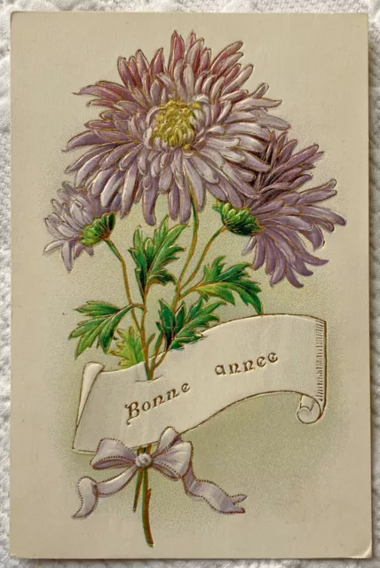 CPA Fantaisie en Relief - Bonne Année - Chrysanthème mauve - Dorures