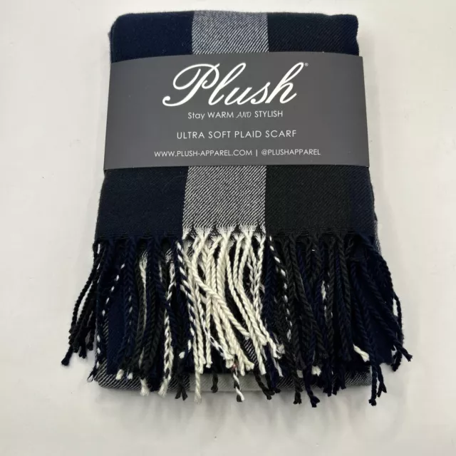 Plush Ultra Soft Fleece Plaid Scarf Navy Charcoal White One Size Fringe NEW