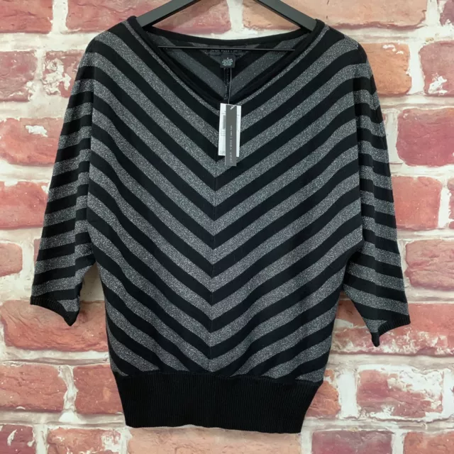 Joan Vass Sweater Womens Small Black Silver Metallic Striped Pullover