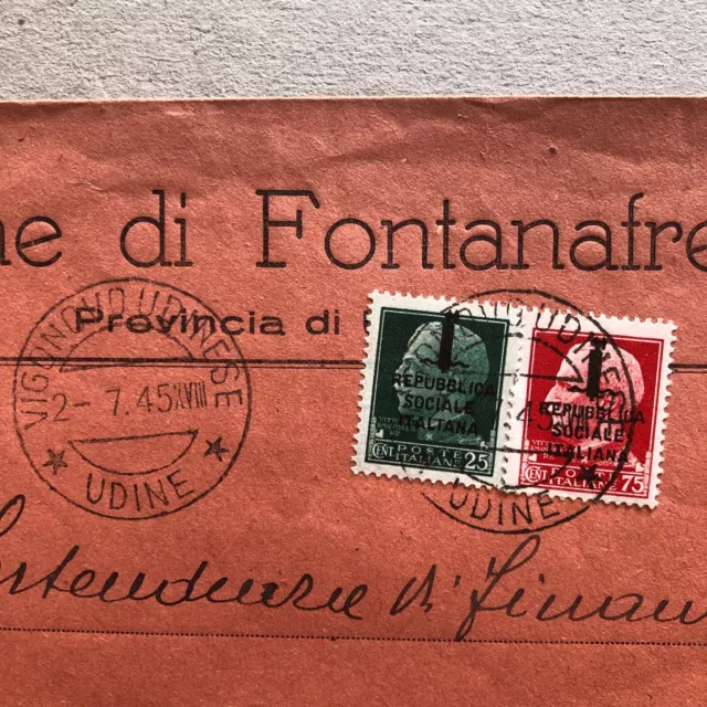 R) Busta  francobolli RSI uso in Luogotenenza Vigonovo Udine 2.7.45