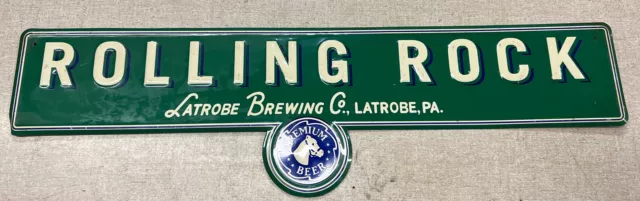 Rolling Rock Metal Sign Beer Bar Green Man Cave Horse 28x8”