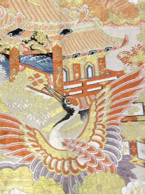 Vintage Cranes Embroidery Obi Upcycle Made in Japan 100% Silk 21in L #332A