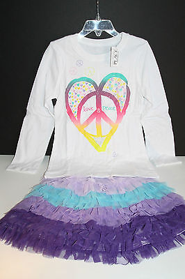 NWT THE CHILDREN'S PLACE 2 PIECE OUTFIT SKIRT & LOVE PEACE TOP Size 4 & 5/6