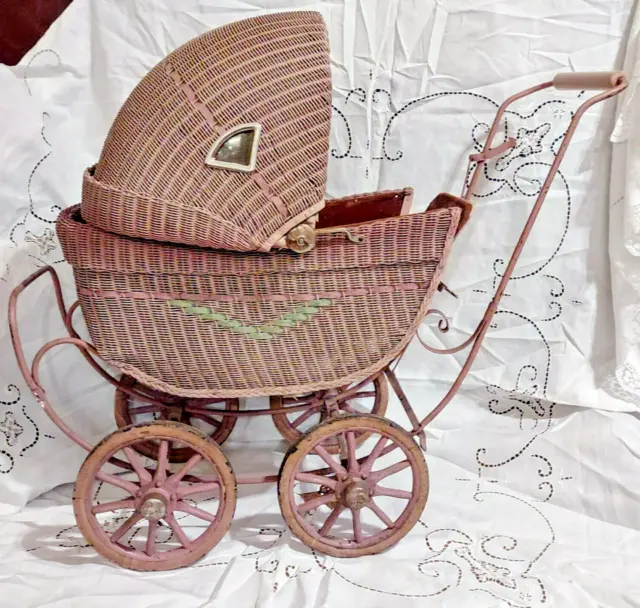 Antique Wicker Lloyd Loom Baby Buggy Stroller Carriage Doll Prop 1917