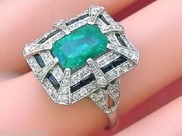 Art Deco Green Emerald & Lab Created Diamond Wedding 14Ct White Gold Filled Ring