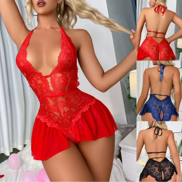 Crotchless Lingerie Sexy Donna Pizzo Corpo Intimo Orsacchiotto Abito Babydoll ^