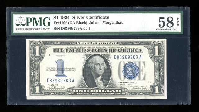 DBR 1934 $1 Silver Funnyback Fr. 1606 DA Block PMG 58 EPQ Serial D83969763A