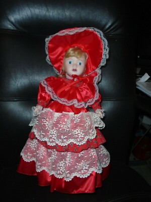 Vintage 16" Collectible Christmas Porcelain Doll W/Red Dress/Blue Eyes,Blonde