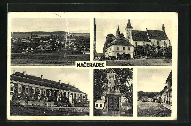 AK Naceradec, Ortsansicht, Blick zur Kirche, Denkmal, Strassenpartie 1940
