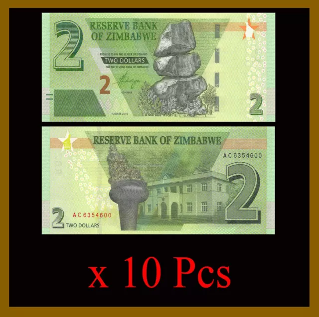 Zimbabwe 2 Dollars x 10 Pcs, 2019/ 2020 P-New Hybrid Unc, Post 100 Trillion