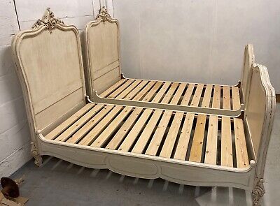 matched pair of Vintage French single beds carved painted 2