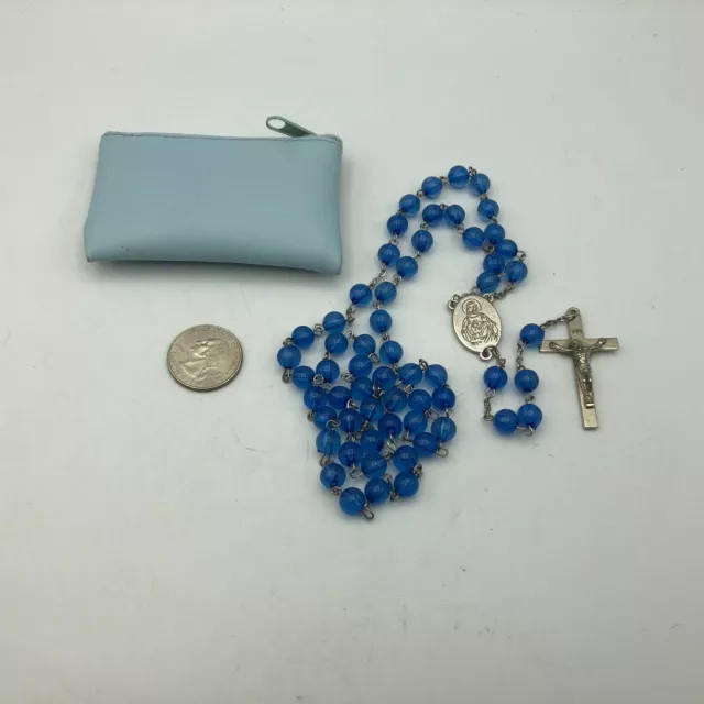 Vintage 22" Beautiful Blue Round Bead Rosary INRI Jesus On Cross w/Pouch  M2