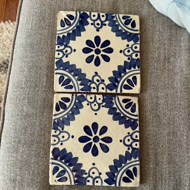 Set Of 2 Vintage Blue & White Handpainted Mexican Ceramic Tiles 6”
