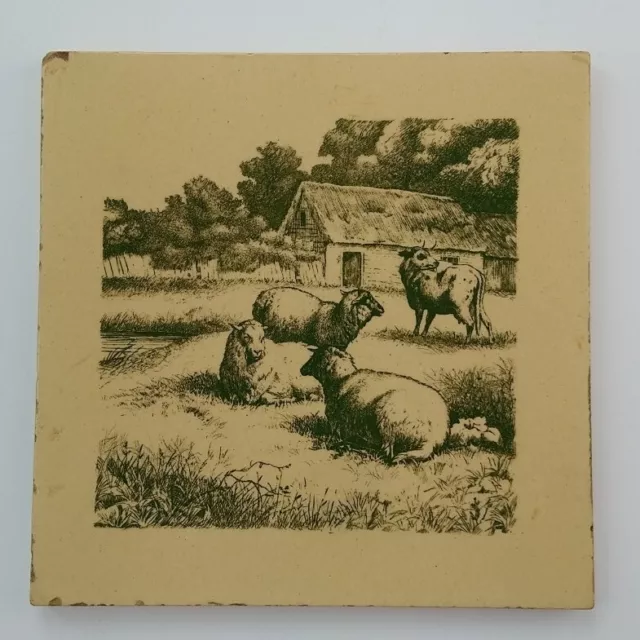 Minton English Tile c1880 William Wise Animals Cow Sheep Marked Base 20x20cm