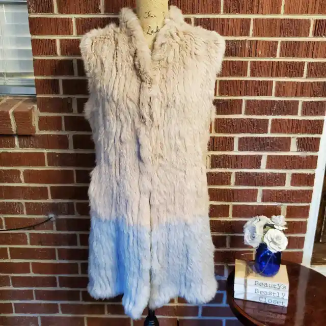 LT Love Token Beige Gray Two Tone Ombre Open Midi Rabbit Fur Vest Medium