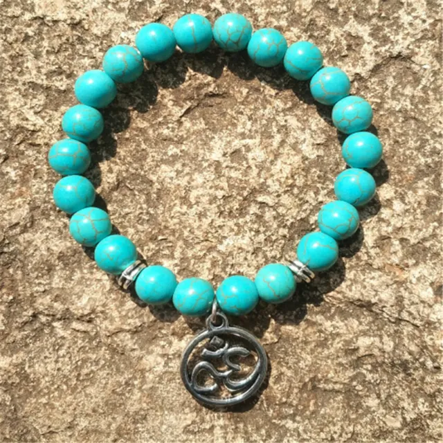 Gemstone 3D Pendant Mala Bracelet 7.5inches Bless Yoga Jewelry Turquoise 8mm