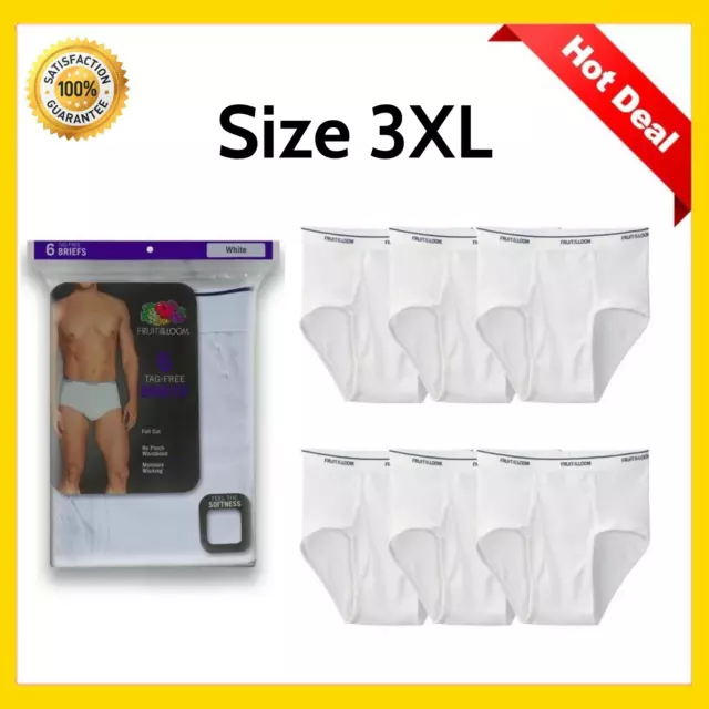 Fruit of the Loom Men's White Briefs Underwear, 6 Pack, Size Small to 3XL 