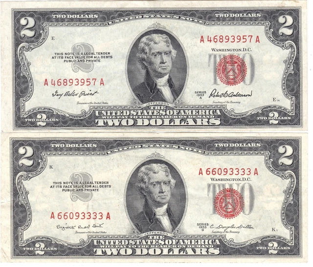 1953 A,B Two US Notes Paper Money, $2 Dollars Currency Red Seal