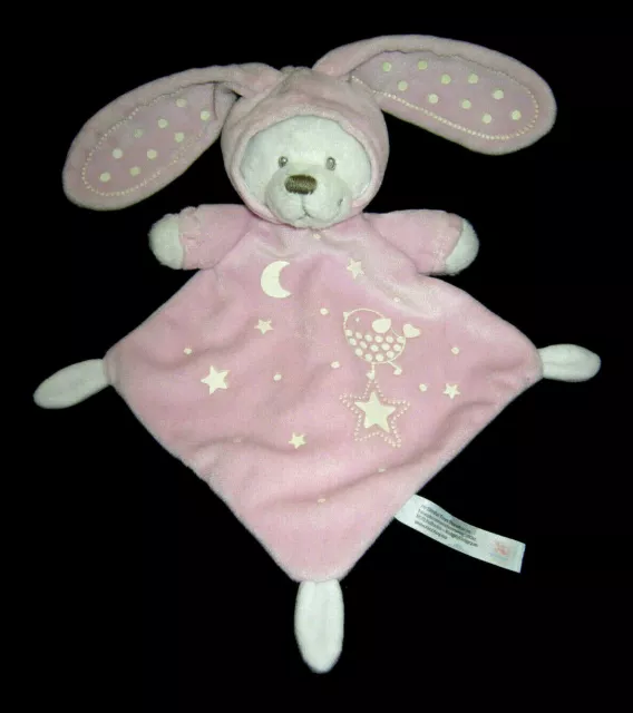 Doudou plat Ours déguisé Lapin blanc rose luminescent Nicotoy Simba étoiles lune