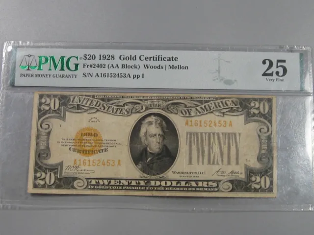 $20 1928 GOLD Certificate Currency Note A/A Block Fr#2402 PMG VF25.  #10