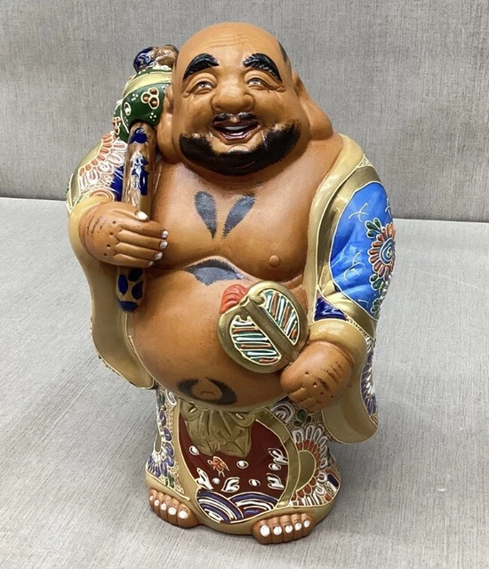 Large 12” VTG Japanese Kutani Moriage Hotei Happy Lucky Buddha Figurine Signed