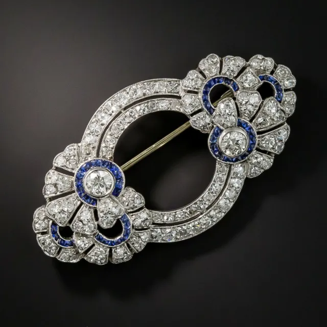 1920 French Art Deco Sparkling 2.9CT CZ & Sapphire Stunning Double Circle Brooch
