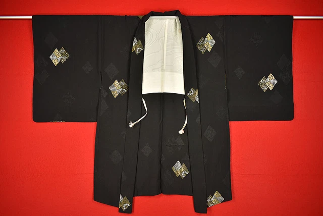 Vintage Japanese Kimono Silk Antique BORO Black HAORI Kusakizome Woven/B705/540