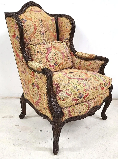 Carved Walnut French Wingback Library Reading Chair by E J VICTOR Carved Walnut French Wingback Library Reading Chair by E J VICTOR