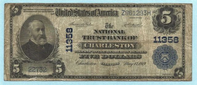 $5 National Currency 1902 PB Ch#11358 National Trust Bank, Charleston IL - F+/VF