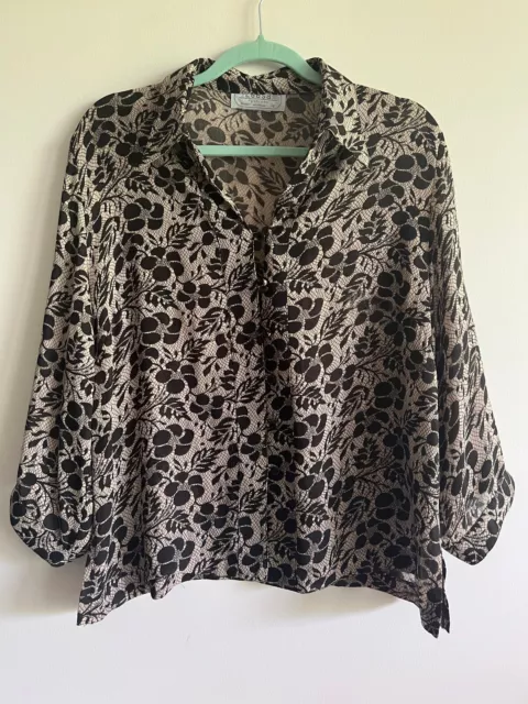 Leesa Fashions Beige/Black Floral 3/4 Sleeve Button-Up Top Blouse Size 16 - EUC