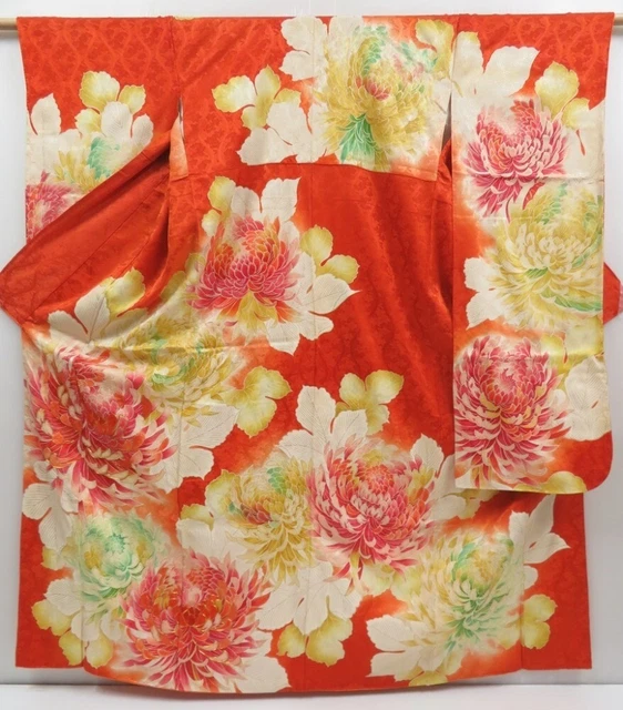 3313T01z1100 Vintage Japanese Kimono Silk FURISODE Chrysanthemum