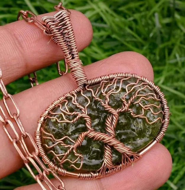 Lab Created Moldavite Double Tree Copper Wire Wrapped Handmade Jewelry Pendant