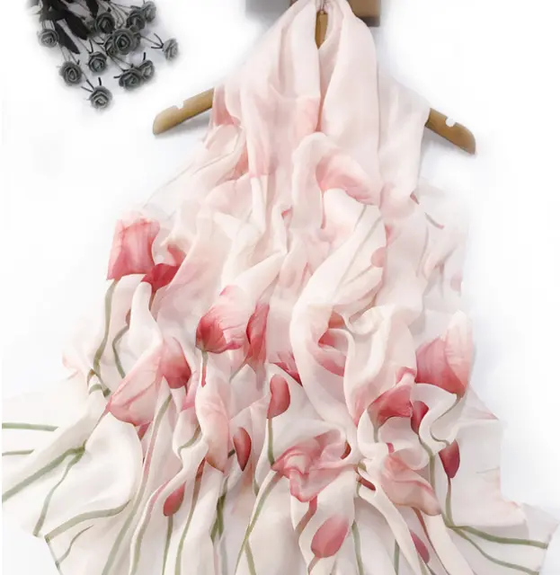 100% Silk Scarf Women neckerchief Shawl Wrap Floral pink red SJ72-19