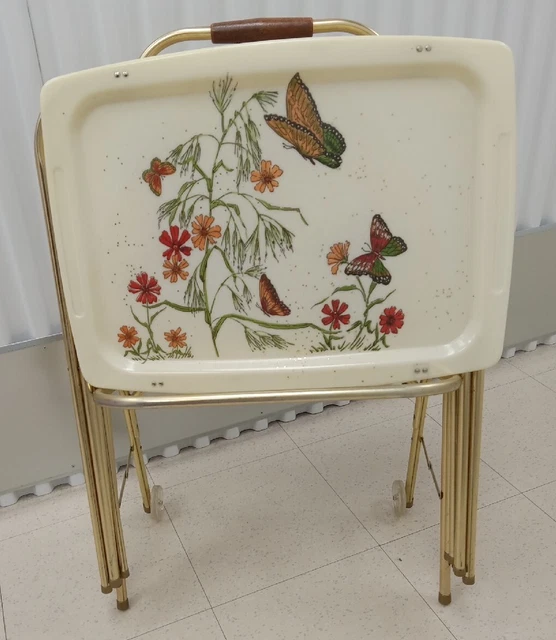 RARE HTF VTG 60s Mid-Century BUTTERFLIES FLOWERS  Fiberglass TV Trays With Stand