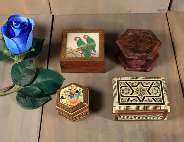 Lot de 4 Ancienne Coffret Boîte à Bijoux Sculpté Bois Marqueterie Nacré Oiseaux