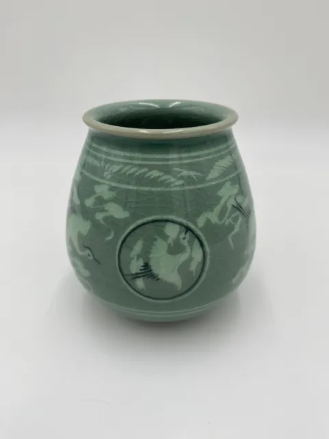 Green Korean Celadon Porcelain Vase with Cranes and Clouds- Small