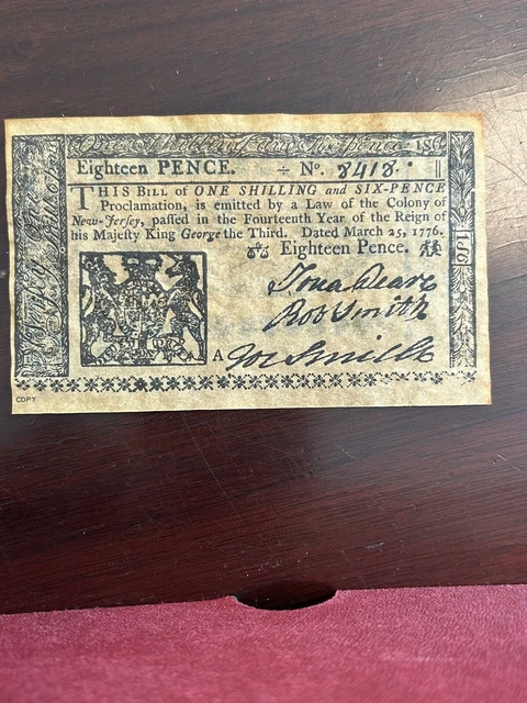 Eighteen Pence Colonial Currency / Note - New Jersey - 3/25/1776